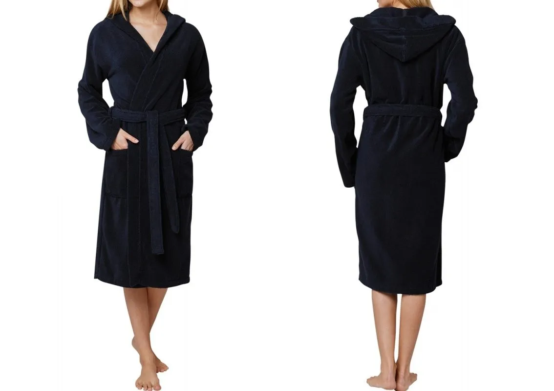 Women's Bathrobe with hood SCHIESSER Essentials - dark blue Women's Bathrobe with hood SCHIESSER Essentials - dark blue
