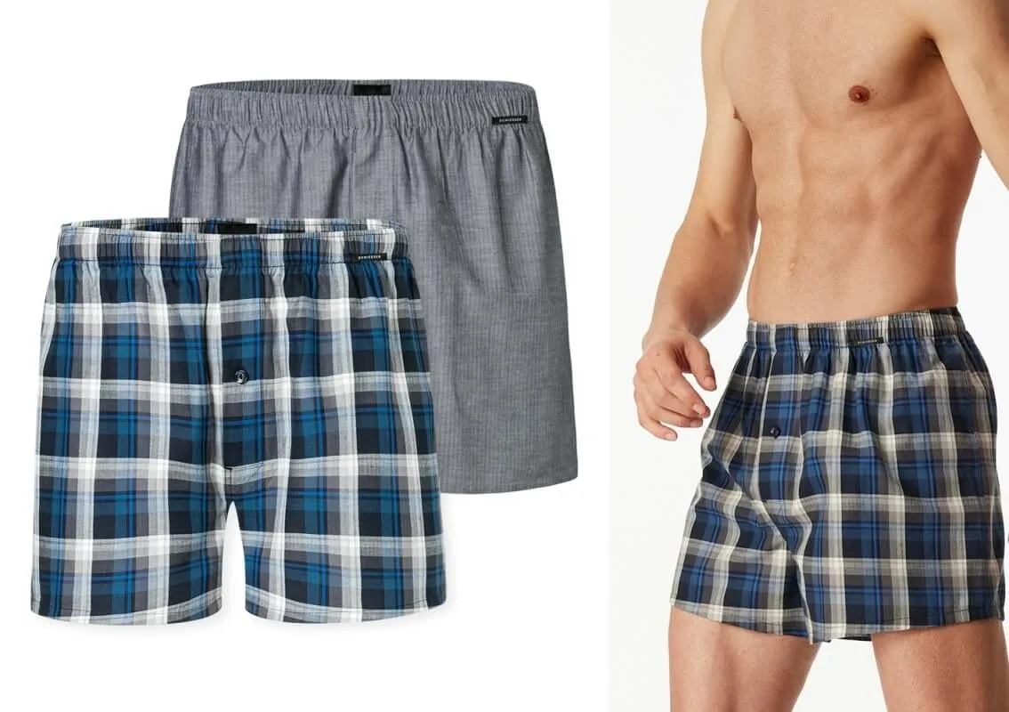 2er Pack Herren Boxershorts SCHIESSER Multipacks - blau kariert + grau 2er Pack Herren Boxershorts SCHIESSER Multipacks - blau kariert + grau