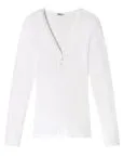White SCHIESSER Revival Agathe women’s long sleeve shirt featuring floral lace trim, V-neckline and soft Ajour fine-rib fabric.