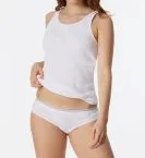 White SCHIESSER Revival Greta women’s briefs made from organic cotton with classic double-rib texture and elastic waistband with blue decorative stripes.