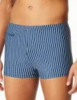 Blue and white striped men's swim trunks from the SCHIESSER Aqua collection with leg-style cut, internal drawstring, zip pocket and elastic single jersey fabric.