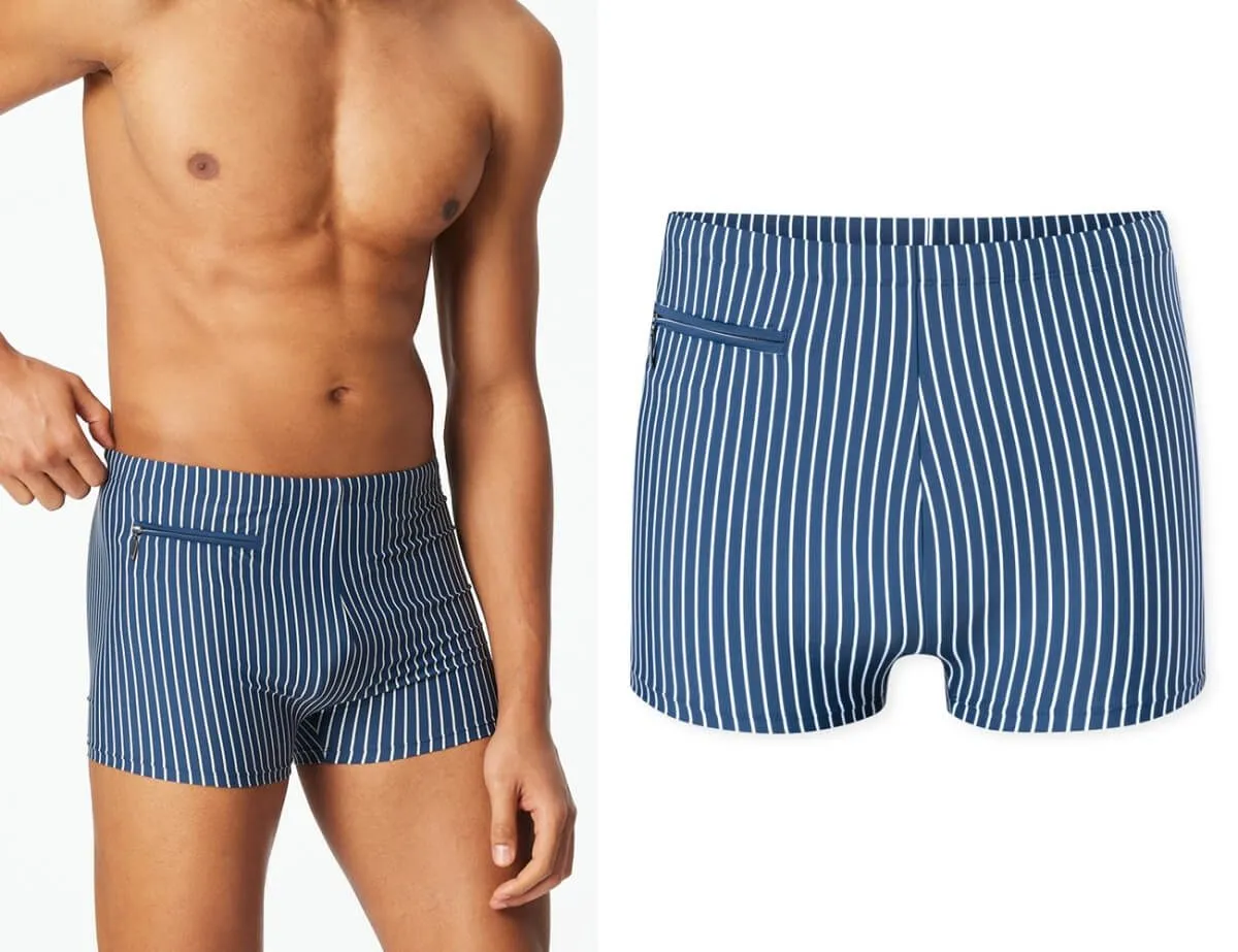 SCHIESSER Men's Aqua Swim Trunks with Leg and Zip Pocket - Blue-White