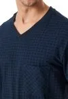 Short SCHIESSER men's pyjama in night blue featuring a checked top, V-neck, chest pocket and plain shorts made from soft single jersey fabric.