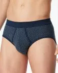 Admiral blue SCHIESSER men's sports briefs from the Classic Daywear collection in a practical 2-pack with stylish pattern, fly opening and soft fine rib fabric.
