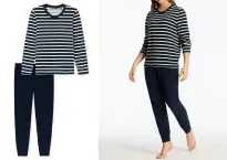Langer Damenschlafanzug SCHIESSER Casual Essentials - Weiß / Blau