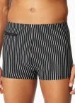 Schwarz-weiß gestreifte SCHIESSER Herrenbadehose aus der Serie Aqua mit Bein, Bindekordel, Innenfutter und praktischer Reißverschlusstasche.
