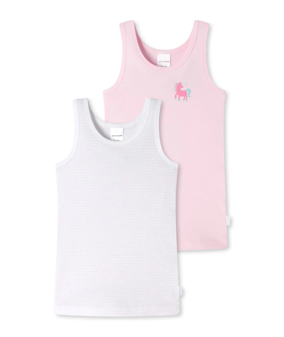 Pink and white girls’ undershirts from the SCHIESSER Fine Rib line