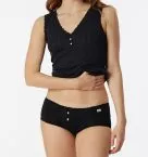 Black women’s micro pants from the SCHIESSER Revival Agathe collection with a feminine retro design, fine ajour fabric, and floral lace trim.