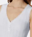 White women’s top from the SCHIESSER Revival Agathe collection with feminine retro design, fine ajour fabric, and floral lace trim at the neckline.