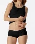 Schwarze SCHIESSER Damen Micro Pants aus der Revival-Kollektion Greta mit traditioneller Doppelripp-Struktur, Organic Cotton und Webgummibund mit blauen Zierstreifen.