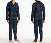 SCHIESSER Men's Long Pyjama Set Fine Interlock Checkered - Blue