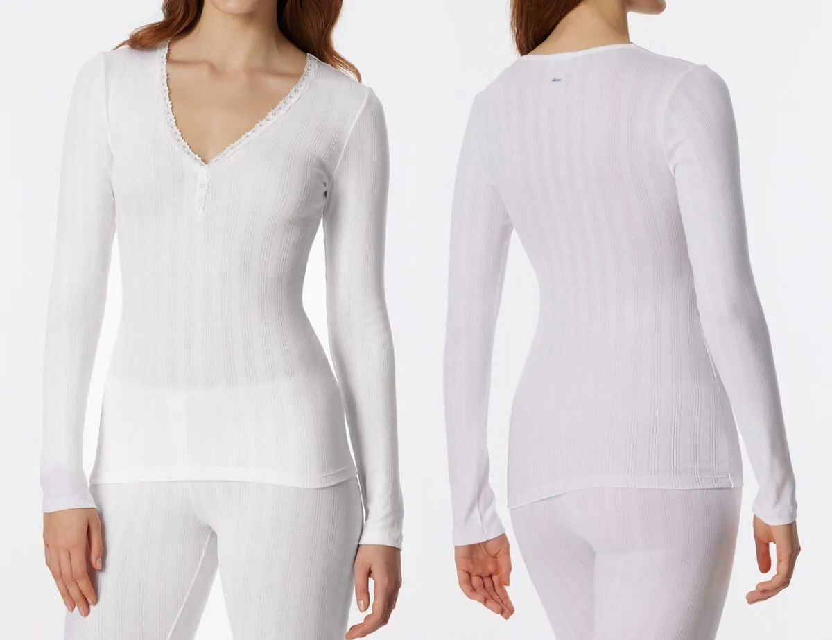 SCHIESSER Revival Agathe Women's White Long Sleeve Shirt with Ajour Fabric SCHIESSER Revival Agathe Women's White Long Sleeve Shirt with Ajour Fabric
