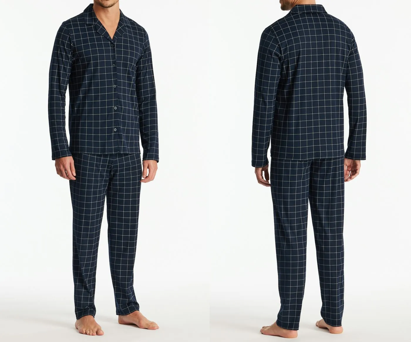 SCHIESSER Herren Schlafanzug lang Fine Interlock Kariert - Blau