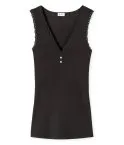 Black women’s top from the SCHIESSER Revival Agathe collection with feminine retro design, fine ajour fabric, and floral lace trim at the neckline.