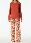 Long SCHIESSER women's pyjama set from the Selected Premium collection with terracotta top and patterned terracotta-cream trousers in premium modal quality.