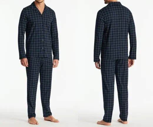 SCHIESSER Men's Long Pyjama Set Fine Interlock Checkered - Blue SCHIESSER Men's Long Pyjama Set Fine Interlock Checkered - Blue
