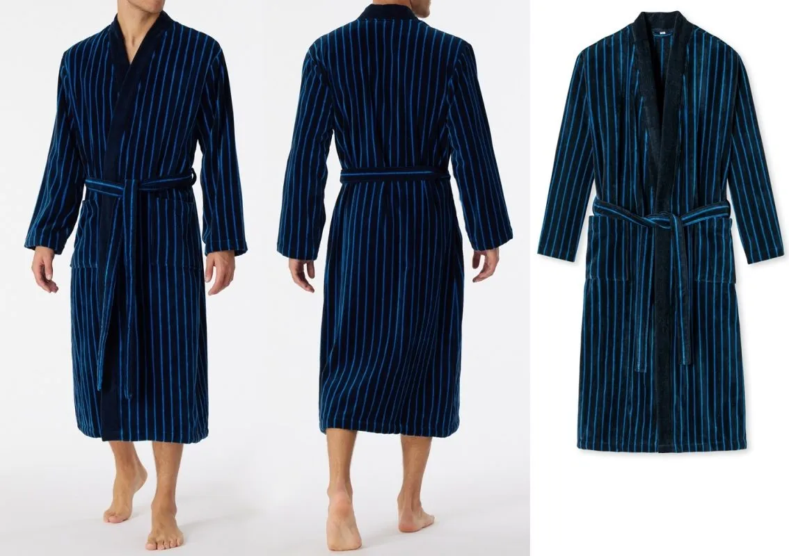 Men's Bathrobe SCHIESSER Softvelours Essentials - dark blue striped Men's Bathrobe SCHIESSER Softvelours Essentials - dark blue striped