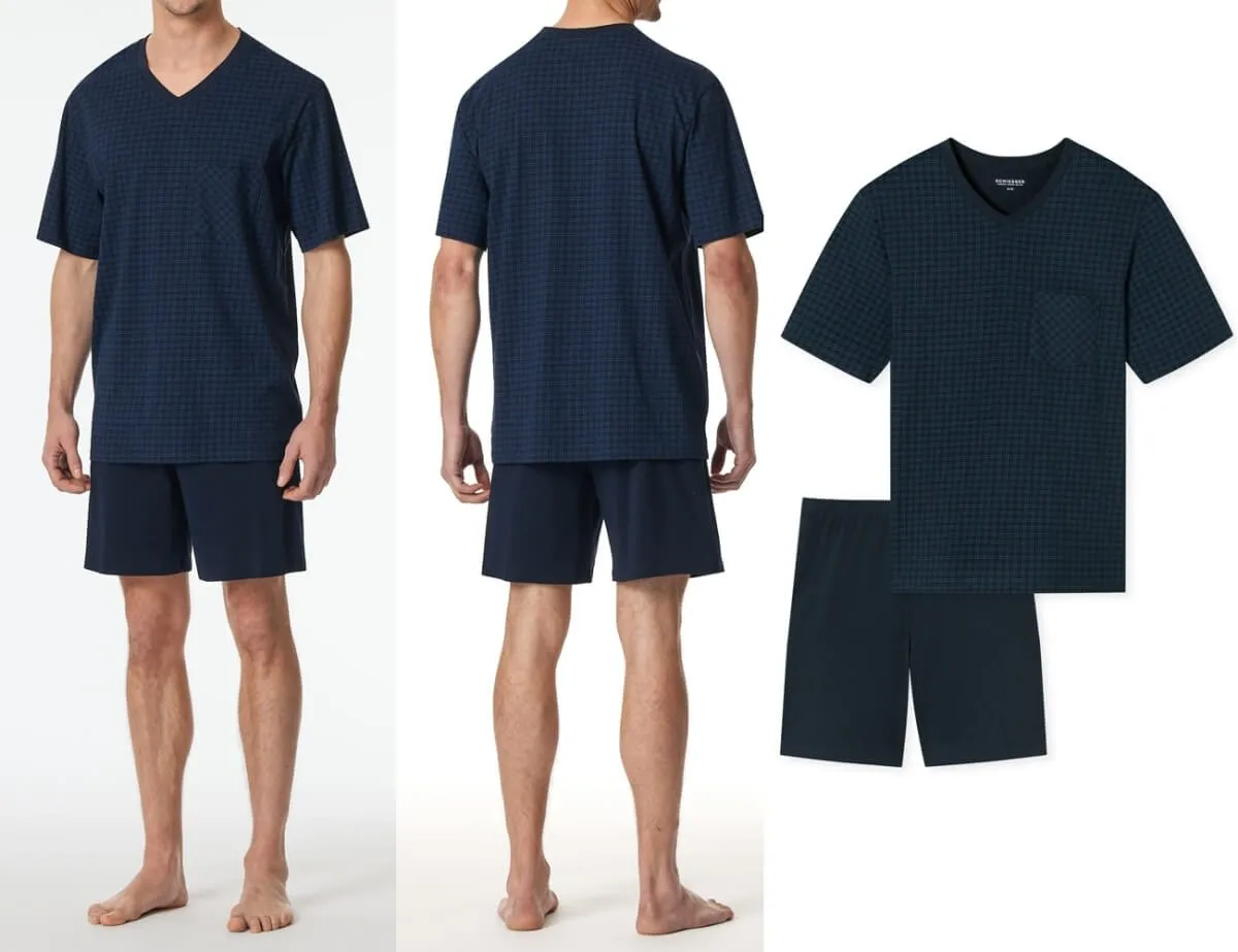 SCHIESSER Men's Comfort Essentials Short Pyjama with Checked Top - Night Blue SCHIESSER Men's Comfort Essentials Short Pyjama with Checked Top - Night Blue