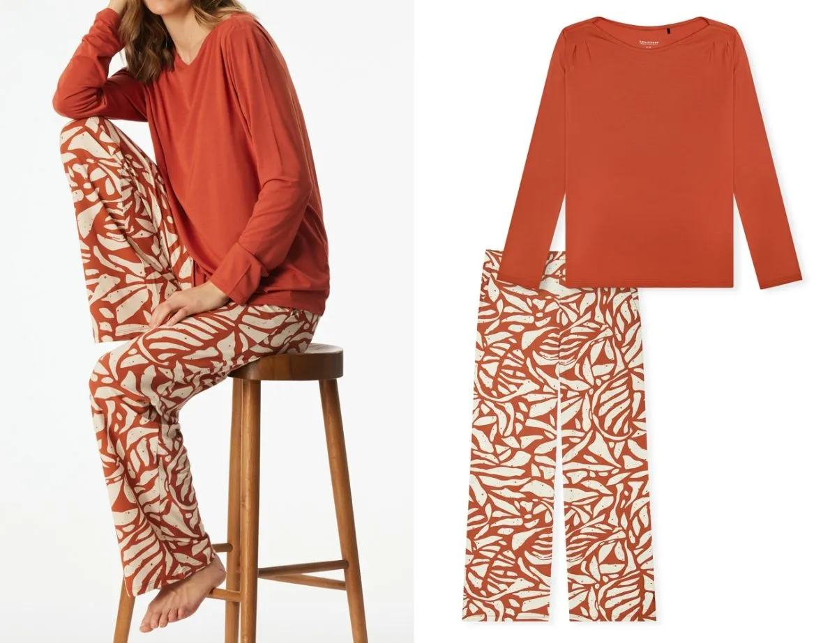 SCHIESSER Damen Schlafanzug Selected Premium mit gemusterter Hose - Terracotta-Creme SCHIESSER Damen Schlafanzug Selected Premium mit gemusterter Hose - Terracotta-Creme