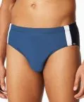 Blue men's swim briefs from the SCHIESSER Aqua collection featuring contrast stripes, drawstring waistband, inner lining and practical inside key pocket.
