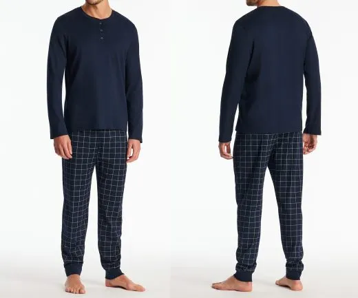 SCHIESSER Men's Long Pyjama Set Fine Interlock with a button placket- Blue SCHIESSER Men's Long Pyjama Set Fine Interlock with a button placket- Blue